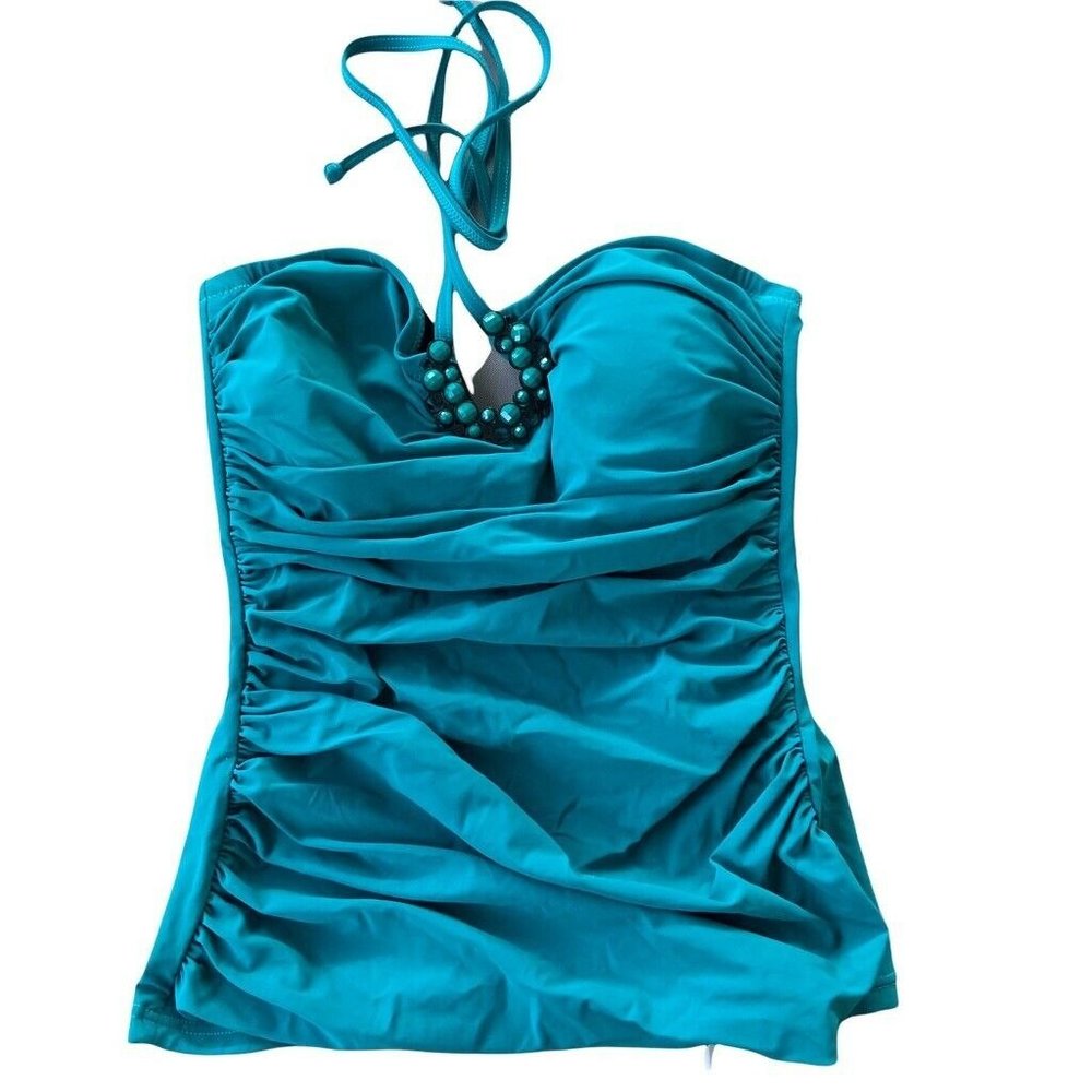 Gottex Teal Jeweled Tankini TOP size 8 New with tags Slimming Ruched